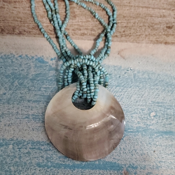 Blue Multi-Strand seed bead Necklace with Elegant mother of pearl Pendant - Picture 2 of 4